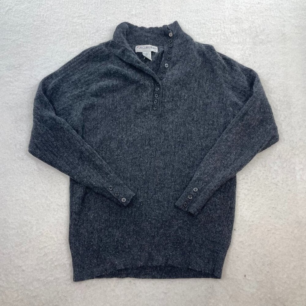JH Collectibles Lambswool Angora Fuzzy Grey Sweater 1/4 Button Collar Sz Medium - Picture 1 of 5
